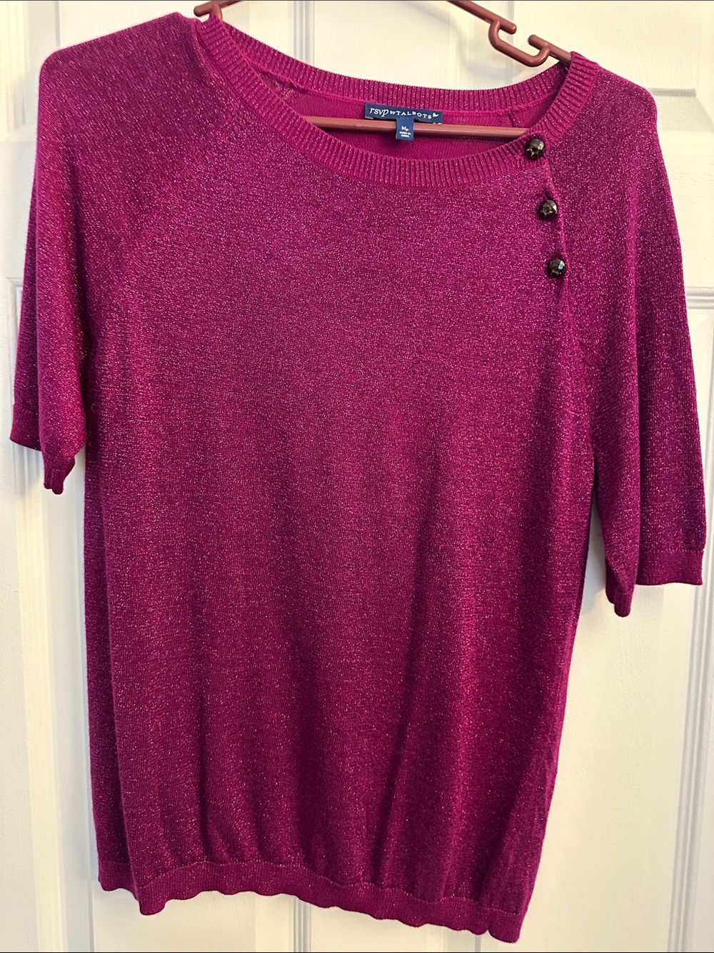 Talbots Shimmery Fuchsia Short-Sleeve Crew Sweater with Decorative Buttons